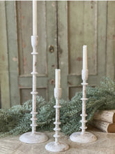 Load image into Gallery viewer, Chinkapin Taper Candle Holder Set of 3 White &amp; Gold Distressed