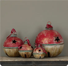 Load image into Gallery viewer, Set of 4 Jumbo Extra Large Christmas Sleigh Bells ~Retro Red/Green/Gold