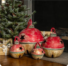Load image into Gallery viewer, Set of 4 Jumbo Extra Large Christmas Sleigh Bells ~Retro Red/Green/Gold